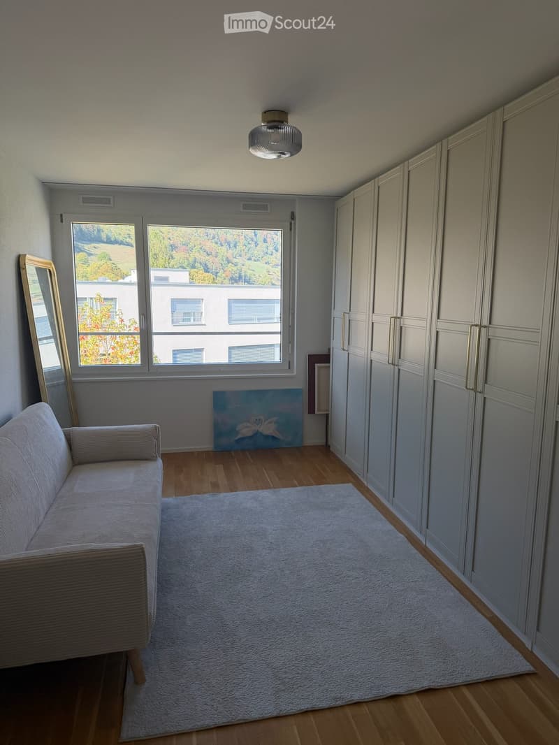 A modern living room with a grey sofa, a large mirror, a painting, and a wardrobe. The room features wooden flooring and large windows with a scenic view.