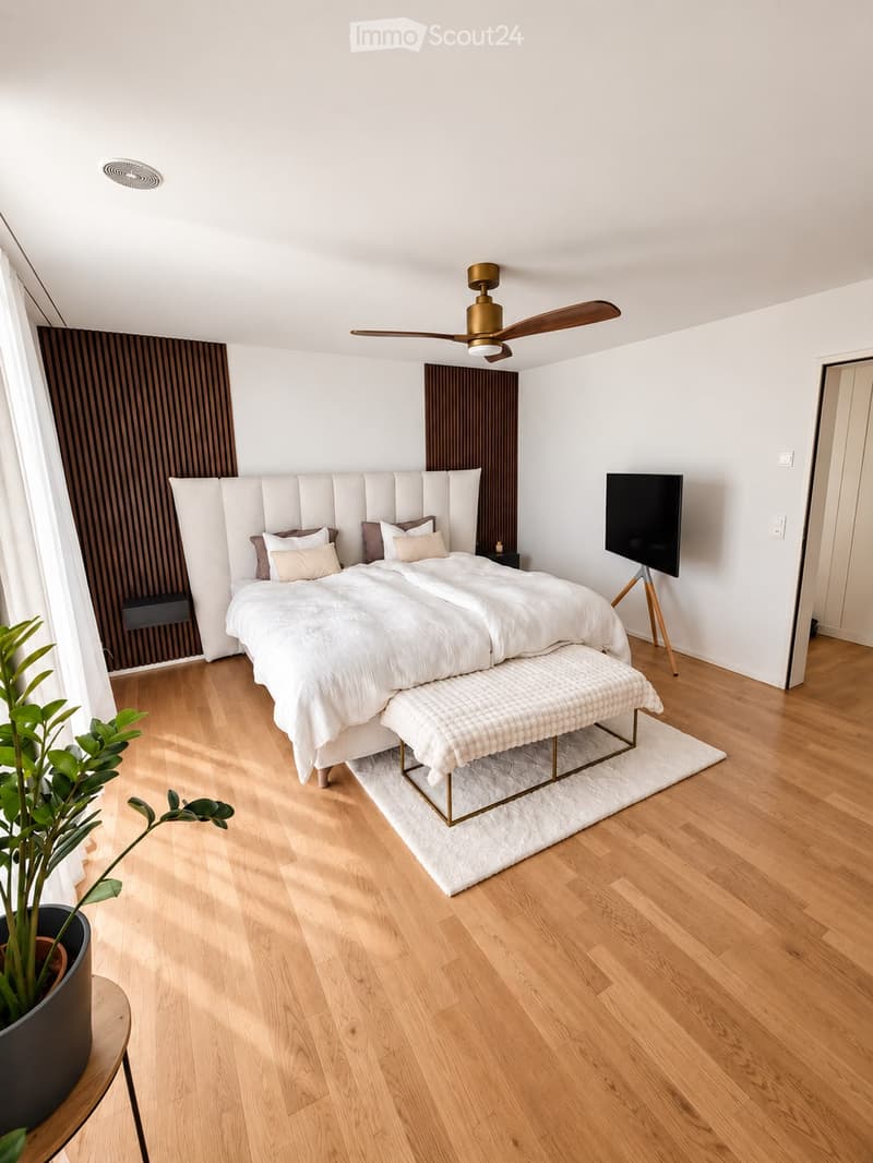 Modern bedroom with a large bed, nightstand, bench, potted plant, and television. The room features light wooden flooring and white walls.