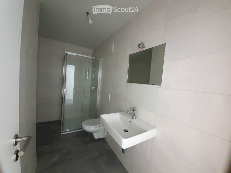 Modern bathroom with white tiled walls, a white sink with a chrome faucet, a large mirror, a toilet, and a glass-enclosed shower area.