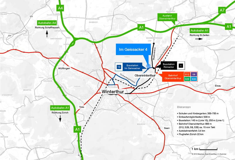 Map showing the location of Im Geissacker 4 in Oberwinterthur, with nearby transportation routes including Autobahn A1 and A4, bus stations, and train station.