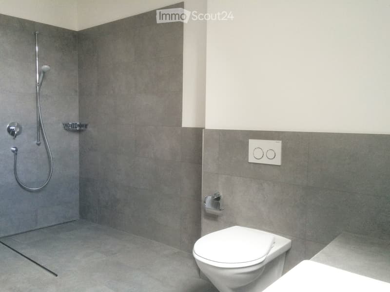 Modern bathroom with grey tiled walls and floor, featuring a toilet, a glass-enclosed shower area, and a shower control panel.