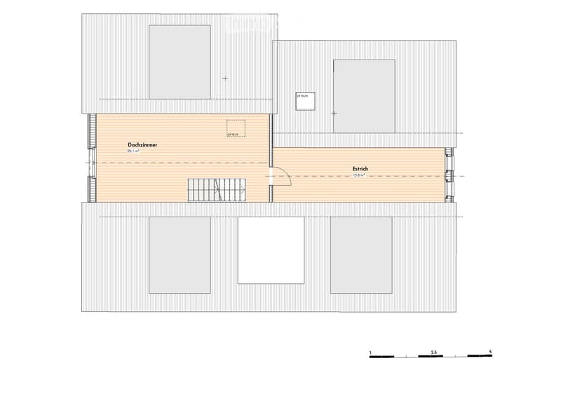 Floor plan of a two-story building with a roof room (Dachzimmer) and an attic (Estrich).