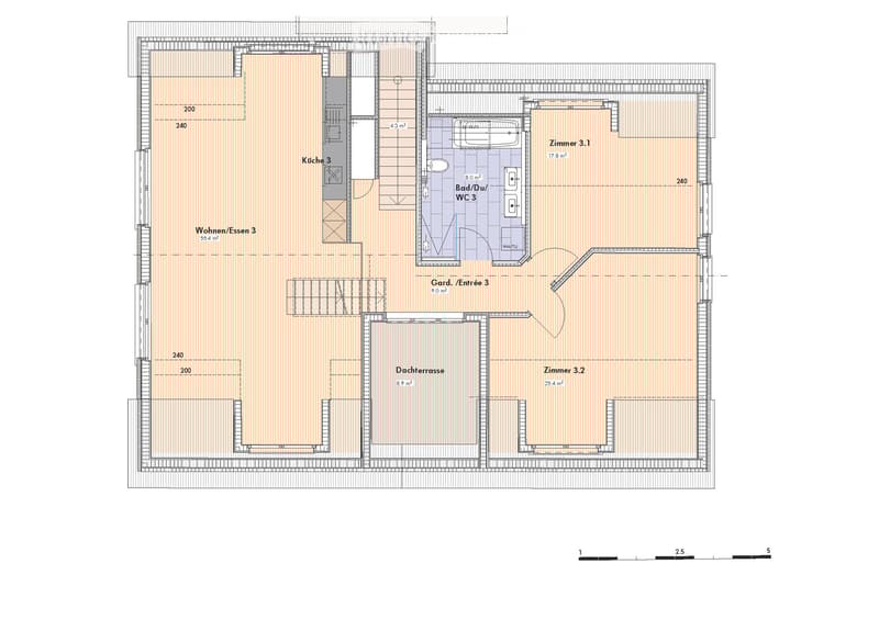 Floor plan showing a layout with a kitchen, living/dining area, two bedrooms, a bathroom, a hallway, and a terrace.