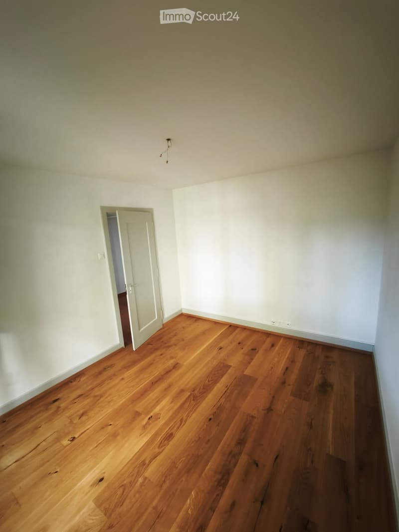 Empty room with light-colored walls and wooden flooring, featuring a single door leading to another space.