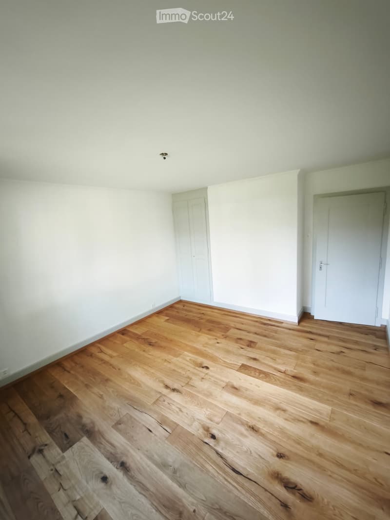Empty room with light-colored walls and wooden flooring, featuring two white doors and a ceiling light fixture.