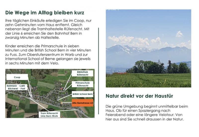 Floor plan showing a residential area with labeled locations including Coop, Bibliothek Rüfenacht, Primarschule Rüfenacht, British School Bern, and tram stop. The layout includes roads and green spaces.