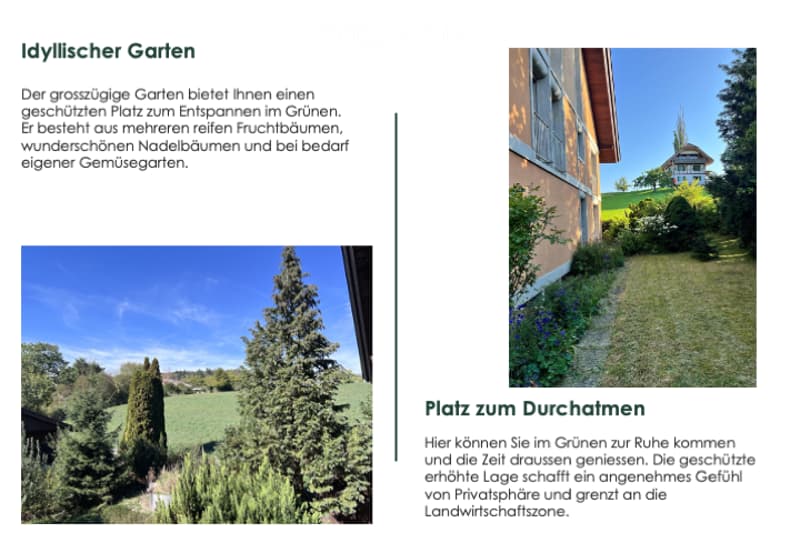 The image shows a well-maintained garden area with neatly trimmed grass, a gravel pathway, and various plants and trees, including a prominent conifer. The garden is bordered by a house and offers a peaceful, private setting.