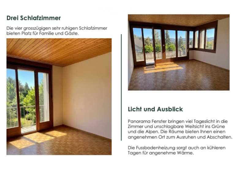 Empty bedroom with wooden flooring, large windows, and panoramic views of greenery and mountains.