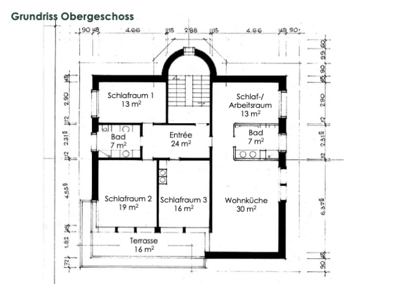 Floor plan of the upper floor showing a living kitchen, three bedrooms, two bathrooms, and a terrace.