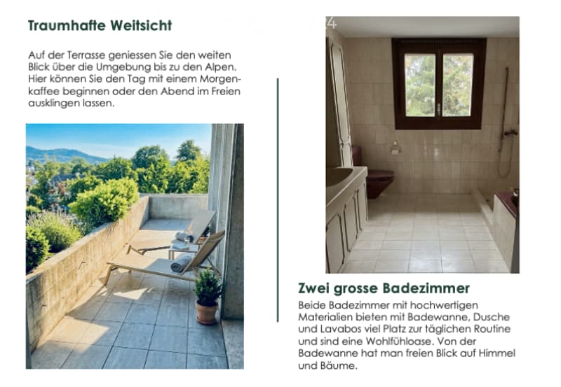 Modern bathroom with tiled walls and floor, a sink, toilet, and bathtub, with a window offering a scenic view.