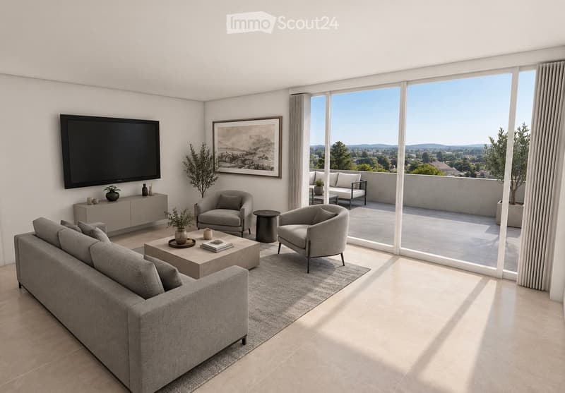 Modern living room with large windows offering a scenic view, featuring a grey sofa, coffee table, armchairs, ottoman, floor lamp, television, and decorative plants.