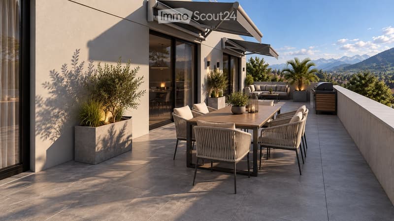 Balcony with a dining table, chairs, sofa, and grill, overlooking a scenic mountain view.