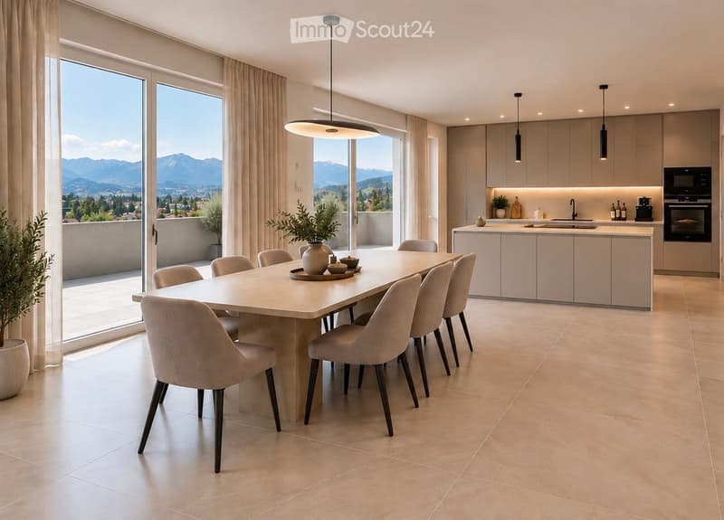 Modern, open-concept kitchen and dining area with large windows offering a scenic mountain view. Features a sleek dining table with six chairs, a modern kitchen with cabinets, appliances, and pendant lighting.