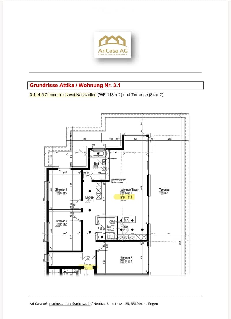 Floor plan of a 4.5-room apartment with two bathrooms and a terrace, including living/dining area, kitchen, three bedrooms, and a bathroom.