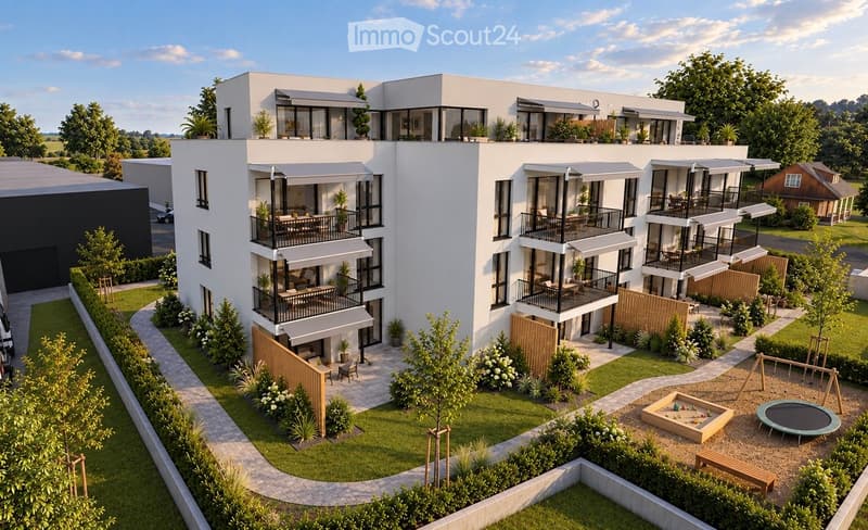 Modern three-story residential building with balconies, surrounded by greenery, playground, and outdoor seating areas.