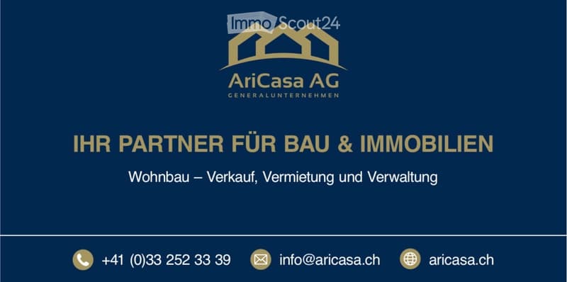 Business card for AriCasa AG, a real estate company specializing in residential construction, sales, rental, and management.