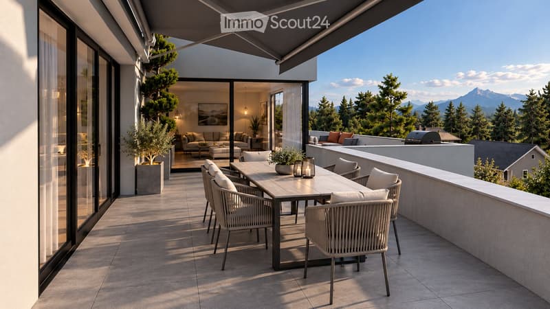 A modern outdoor terrace with a dining table, chairs, candles, and potted plants, overlooking a scenic mountain view.