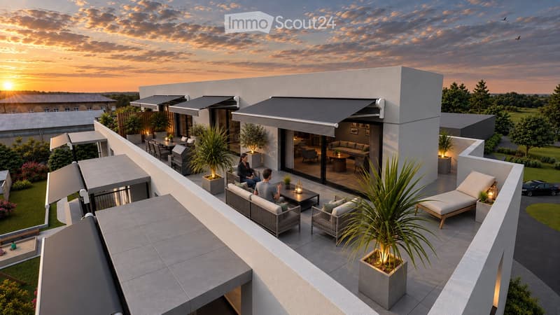 Modern rooftop terrace with grey furniture, potted plants, and a view of a landscaped garden and sunset sky.