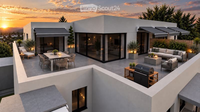 Modern rooftop terrace with a dining area, lounge seating, barbecue, and potted plants, overlooking a scenic sunset view.
