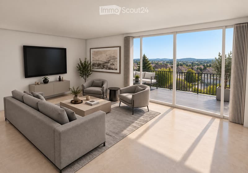 Modern living room with large windows offering a scenic view, a grey sofa, coffee table, armchairs, ottoman, sideboard, TV, and decorative plants.