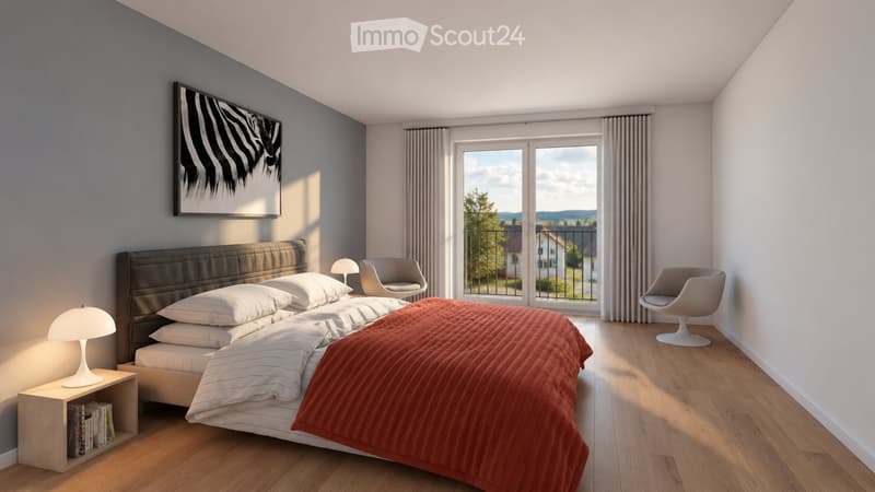 Modern bedroom with a large bed, nightstand, two chairs, and a picture frame on the wall. The room features wooden flooring and large windows with a view of the outdoors.
