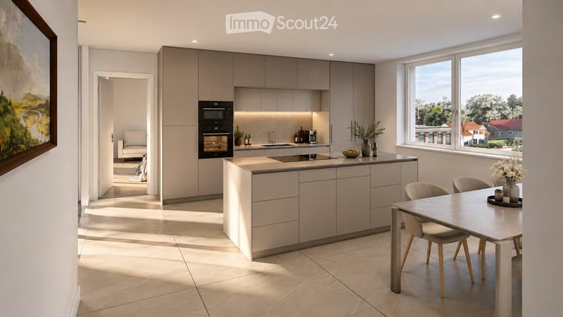 Modern kitchen with light-colored cabinetry, a central island, and a dining area. Features include an oven, sink, coffee maker, and a large window with a scenic view.
