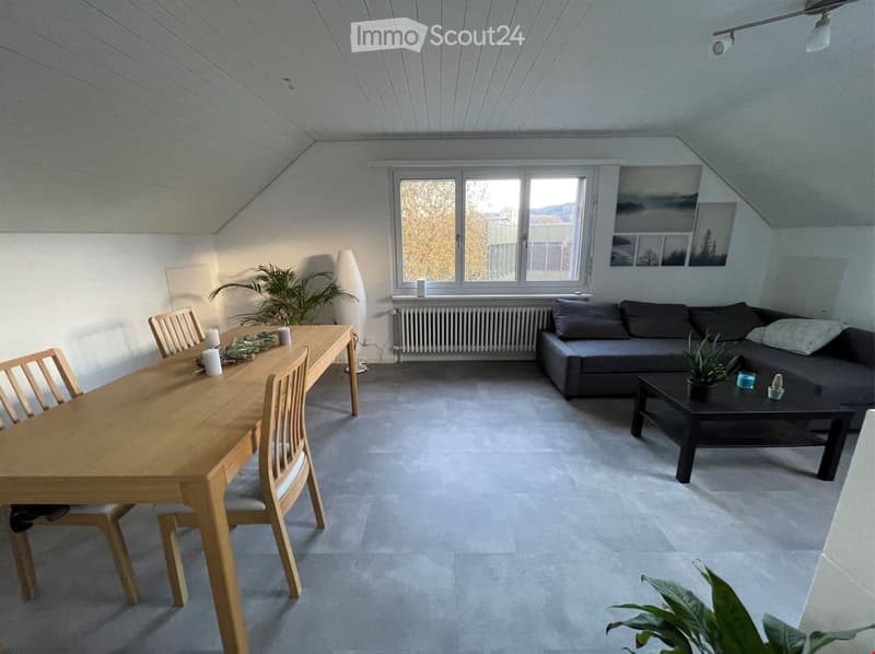 Bright living and dining area with grey sofa, coffee table, wooden dining table, chairs, and plants. Large windows provide natural light.