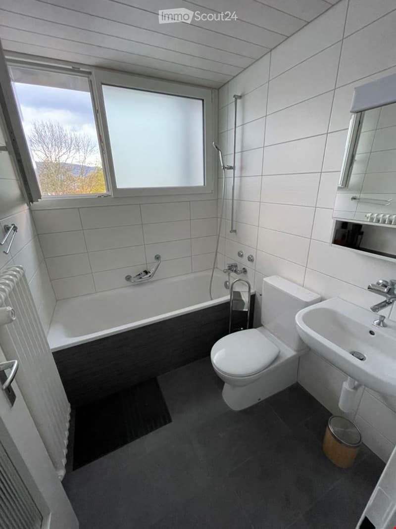 Modern bathroom with white tiles, a bathtub, toilet, sink, mirror, and a radiator. The room features large windows with a view of the outdoors.