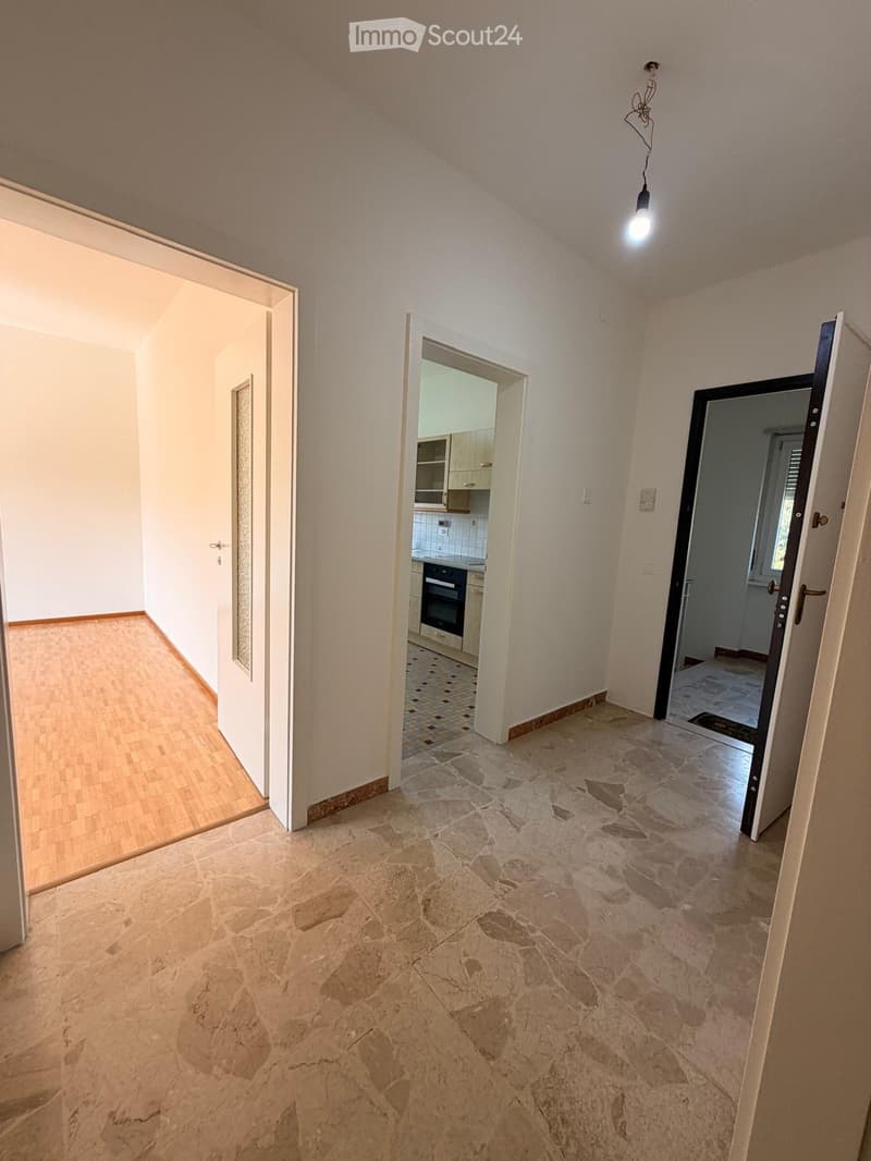 Empty hallway with stone flooring, white walls, and doors leading to other rooms, including a kitchen and another room.