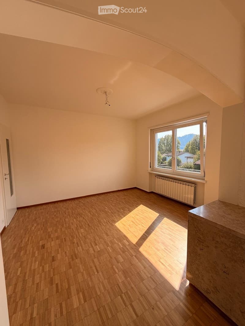 Empty room with wooden flooring, white walls, and large windows offering a scenic view. Features include a radiator and a small table in the corner.