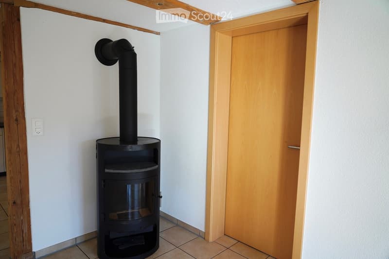 Fireplace against white wall, light wooden door to next room