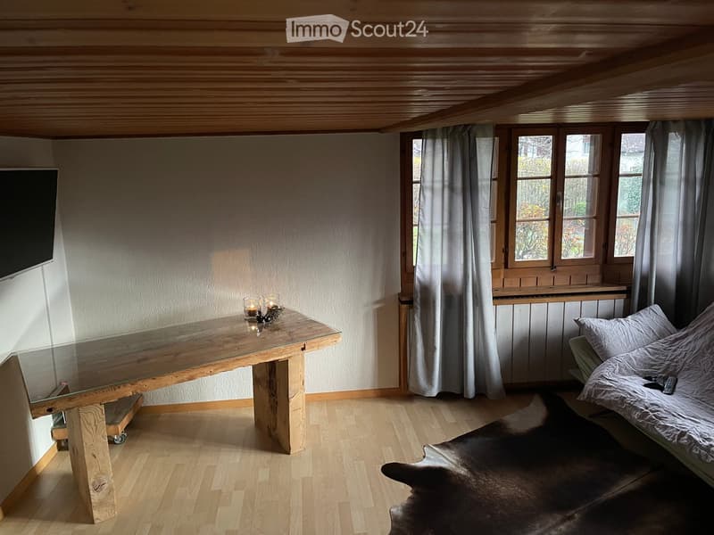 A modern, cozy living space with a wooden floor, a large wooden table with a glass top, a sofa, a television mounted on the wall, and a fur rug on the floor.