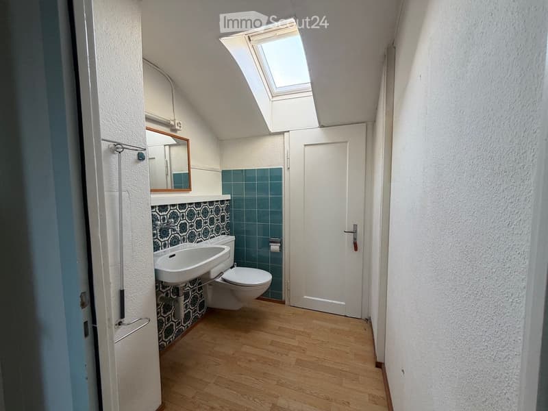 Bathroom with wooden floor, white sink, toilet, and a mirror above the sink. Blue tiles on the wall and a skylight window.