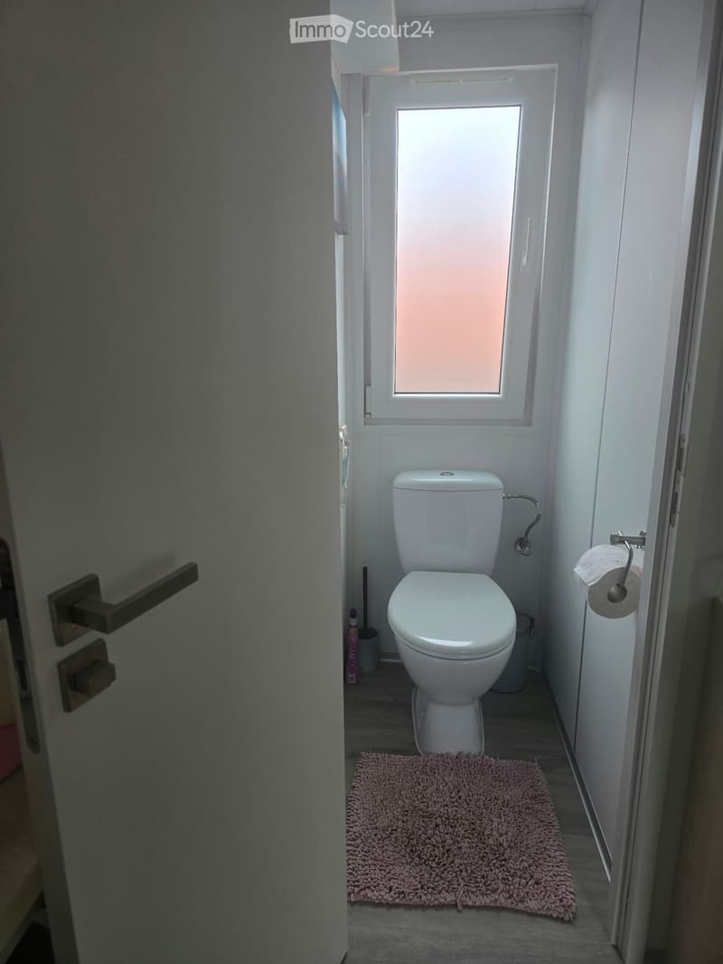 A small, modern bathroom with a white toilet, a pink bathroom rug, a toilet paper holder, and a door with a handle visible.