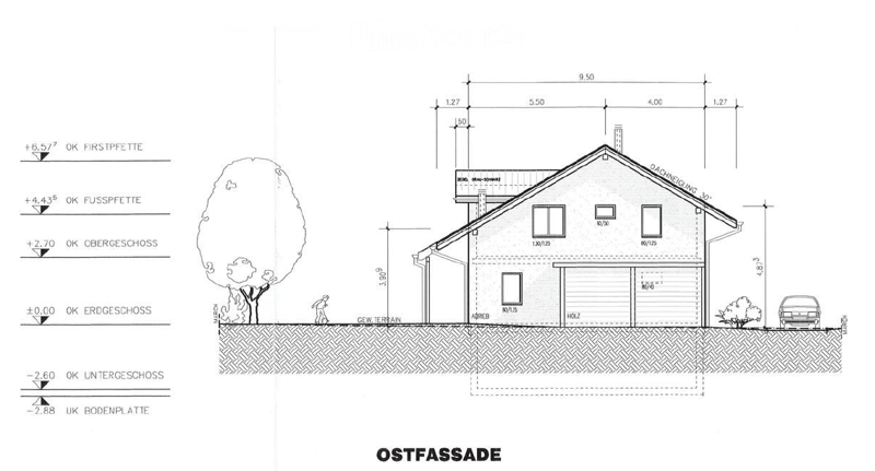 Elevation plan of a house showing ground floor, first floor, attic, and basement levels with dimensions and structural details.