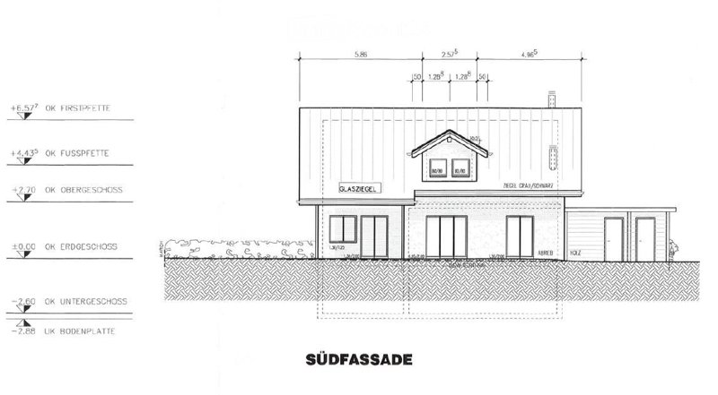 South facade floor plan showing a two-story house with a glass roof section, chimney, and multiple windows and doors.