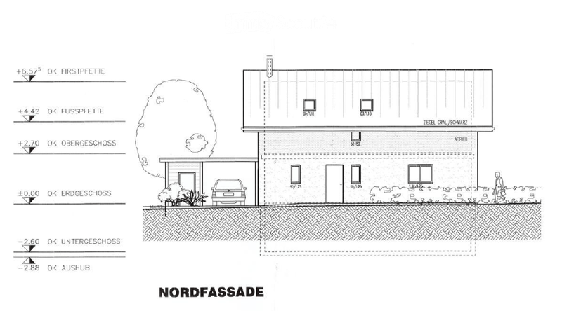 North facade of a two-story building with a garage and parking space, showing elevation levels and structural details.