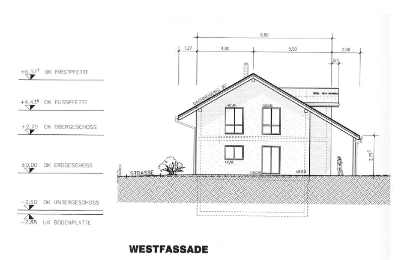 Architectural elevation drawing of a two-story house with a pitched roof, showing dimensions, window placements, and structural details.