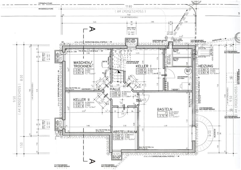 Floor plan of a basement level showing multiple rooms including a hallway, two cellars, a utility room, and a heating room. Includes technical details such as dimensions, floor levels, and construction materials.