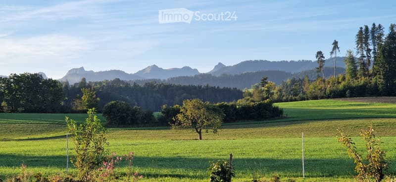 A serene countryside landscape with green fields, scattered trees, and distant mountains under a clear blue sky.