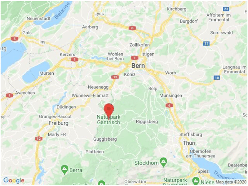 Map showing the location of Naturpark Gantrisch in Switzerland, near Bern, with surrounding towns and roads.