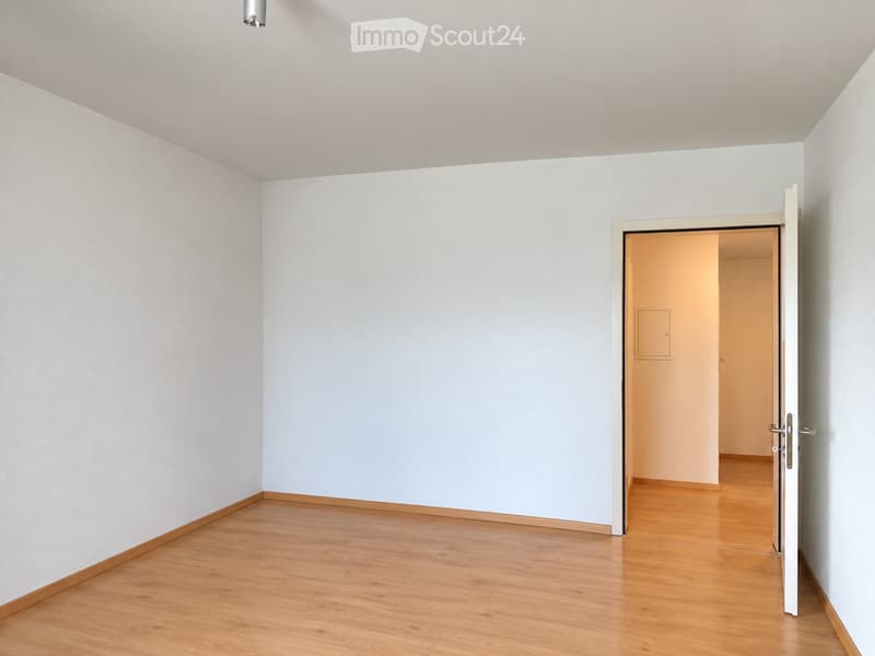 Empty room with light-colored walls and wooden flooring, featuring an open doorway leading to another room.