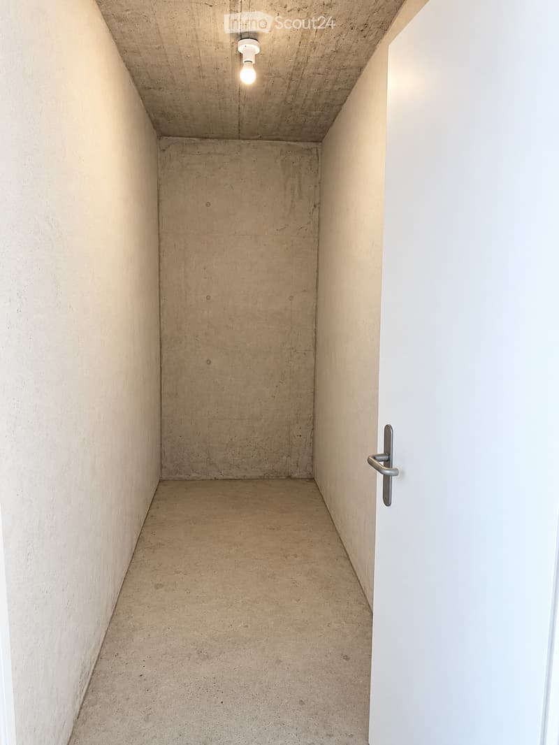Empty hallway with concrete walls and floor, a single light fixture on the ceiling, and a door handle visible on the right side.