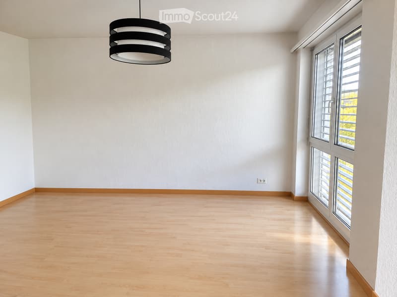 Empty room with light wooden flooring, white walls, and a large window with blinds. A modern black and white pendant light hangs from the ceiling.