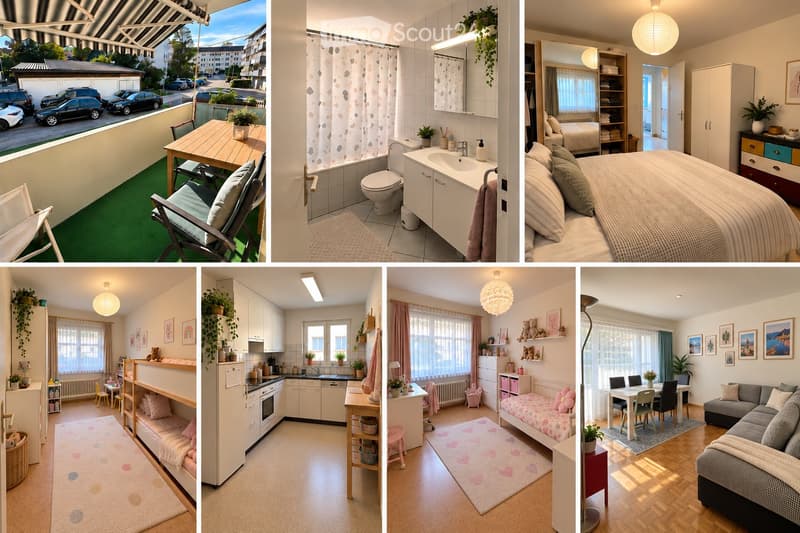 A collage of six images showcasing a modern, well-furnished apartment with a balcony, bathroom, bedroom, living room, kitchen, and a cozy nook. The spaces feature contemporary furniture, bright lighting, and decorative elements.