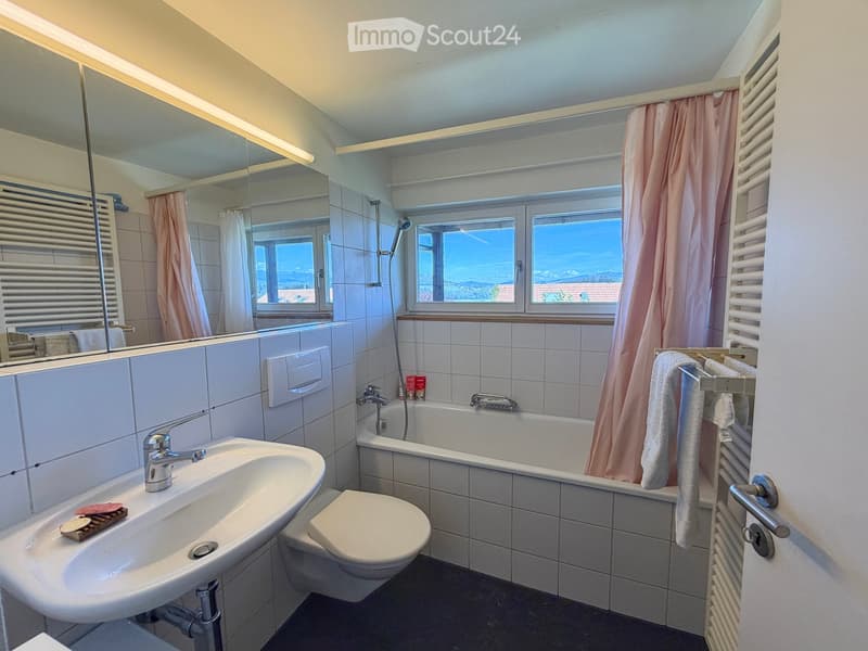 Modern bathroom with a large window offering a scenic view, featuring a sink, toilet, bathtub, shower, mirror, and radiator.