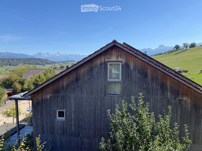 A wooden barn with a pitched roof, surrounded by green fields and mountains in the background.