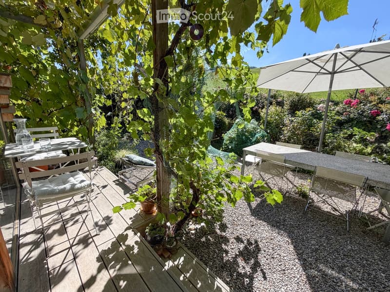 Garden area with a shaded seating area, featuring a table, chairs, umbrella, and potted plants.