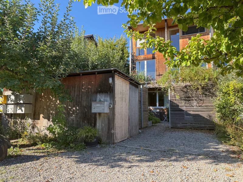 A gravel pathway leads to a wooden shed and a modern house with large windows and a balcony, surrounded by lush greenery and trees.