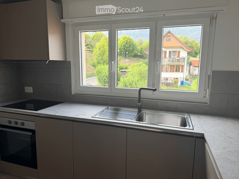 Modern kitchen with a large window overlooking a green area, featuring a stainless steel sink, faucet, stove, and oven.
